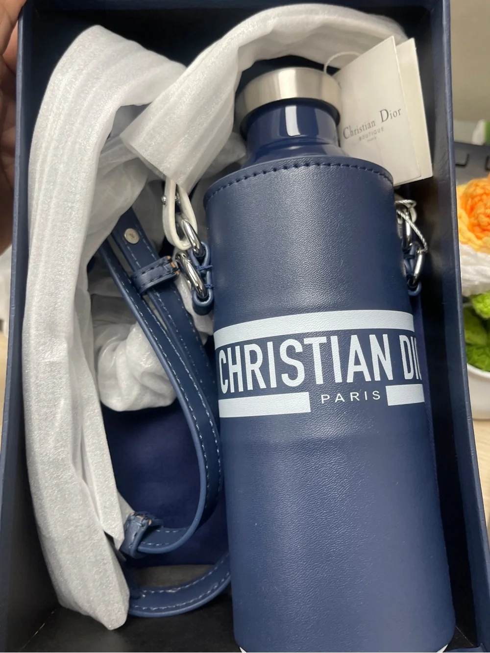 Dior Navy Water Bottle Tumbler Holder w/Strap Limited VIP Gift Novelty GWP NWT
